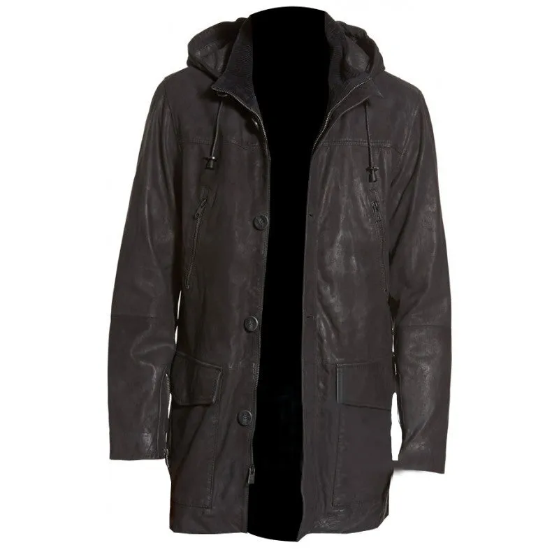 Longline Black Hooded Leather Coat