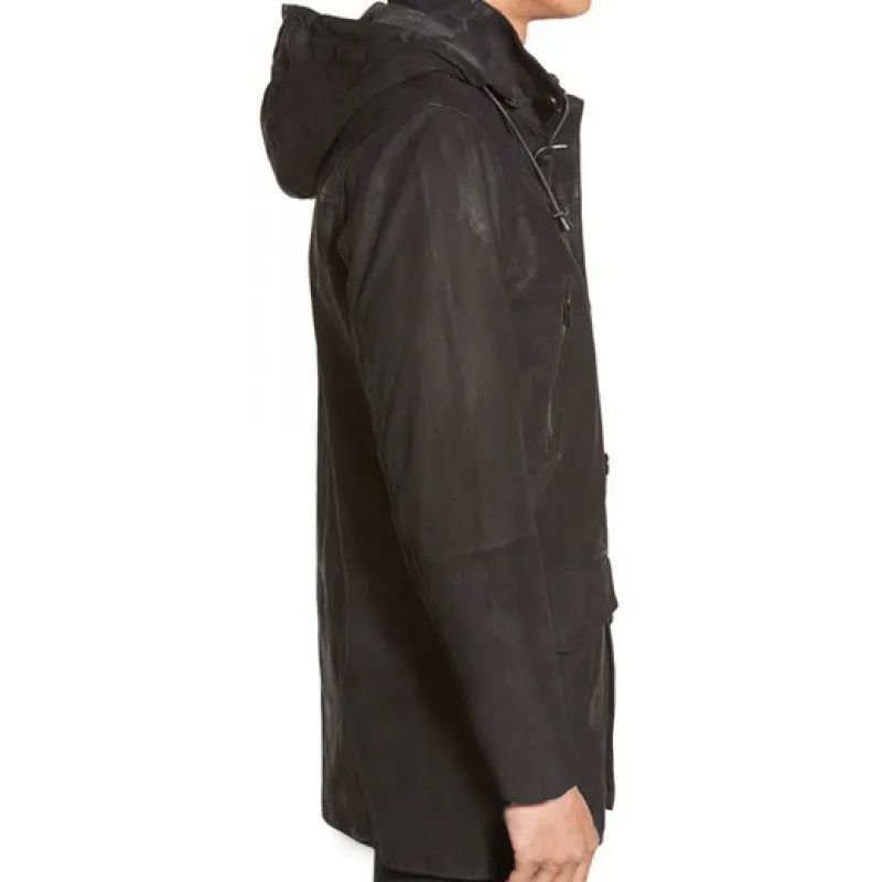 Longline Black Hooded Leather Coat