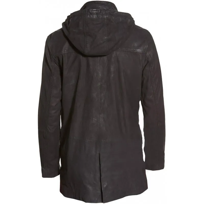 Longline Black Hooded Leather Coat