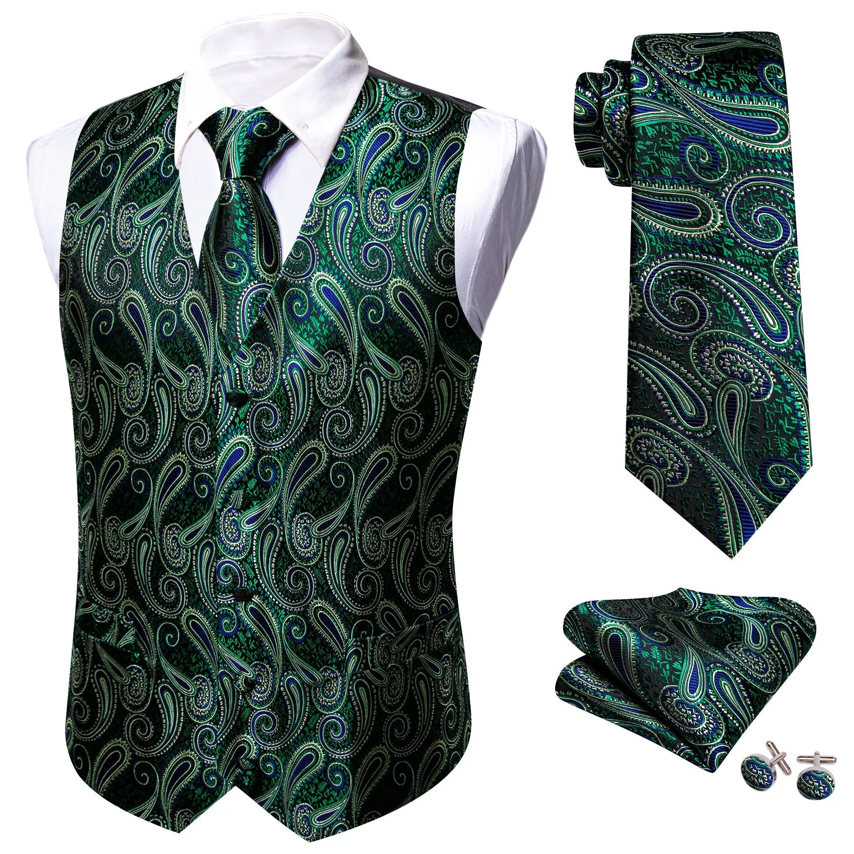 Luxury Green Paisley Jacquard Silk Men's Vest Hanky Cufflinks Tie Set