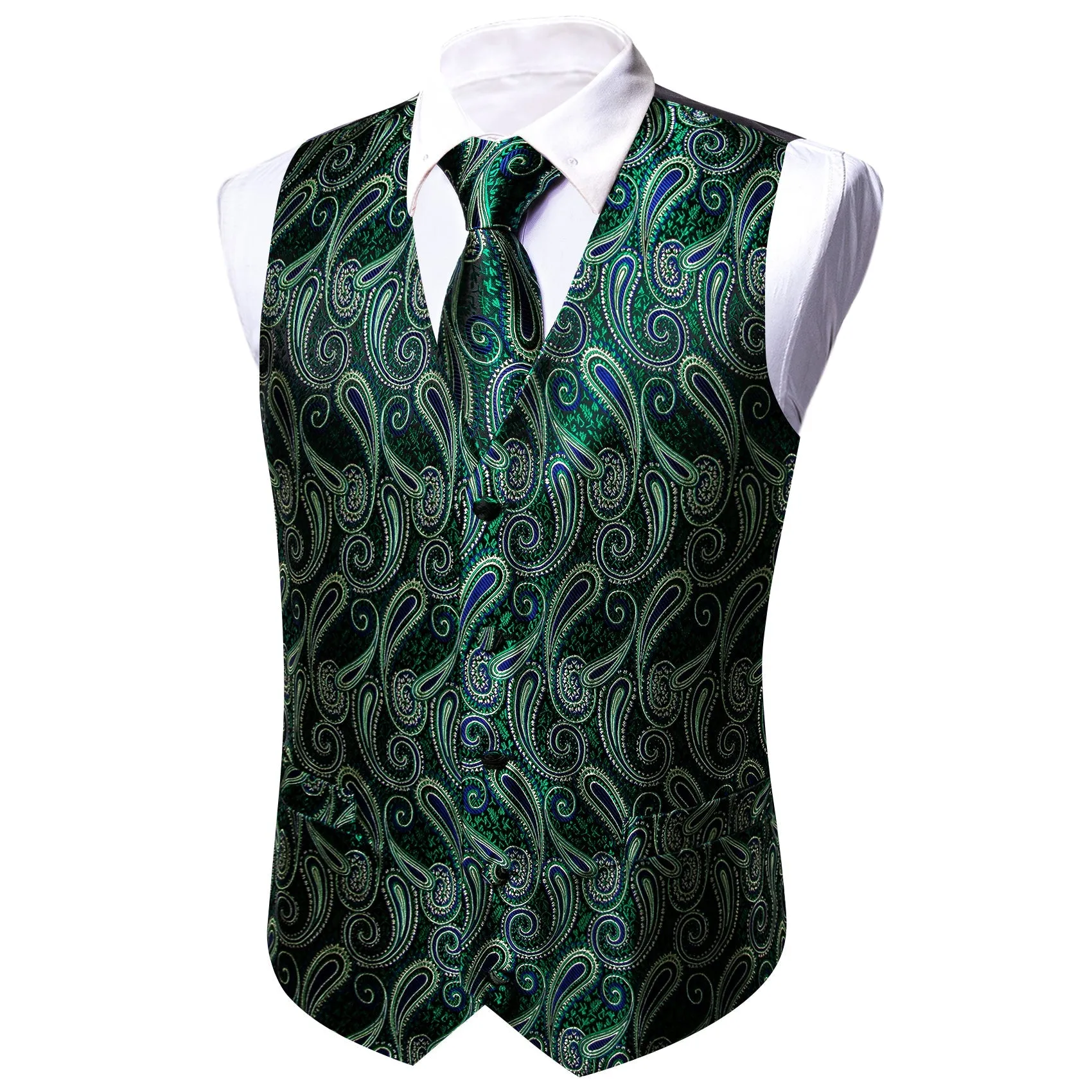 Luxury Green Paisley Jacquard Silk Men's Vest Hanky Cufflinks Tie Set