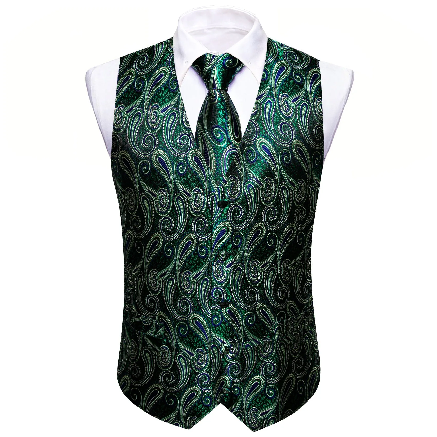 Luxury Green Paisley Jacquard Silk Men's Vest Hanky Cufflinks Tie Set