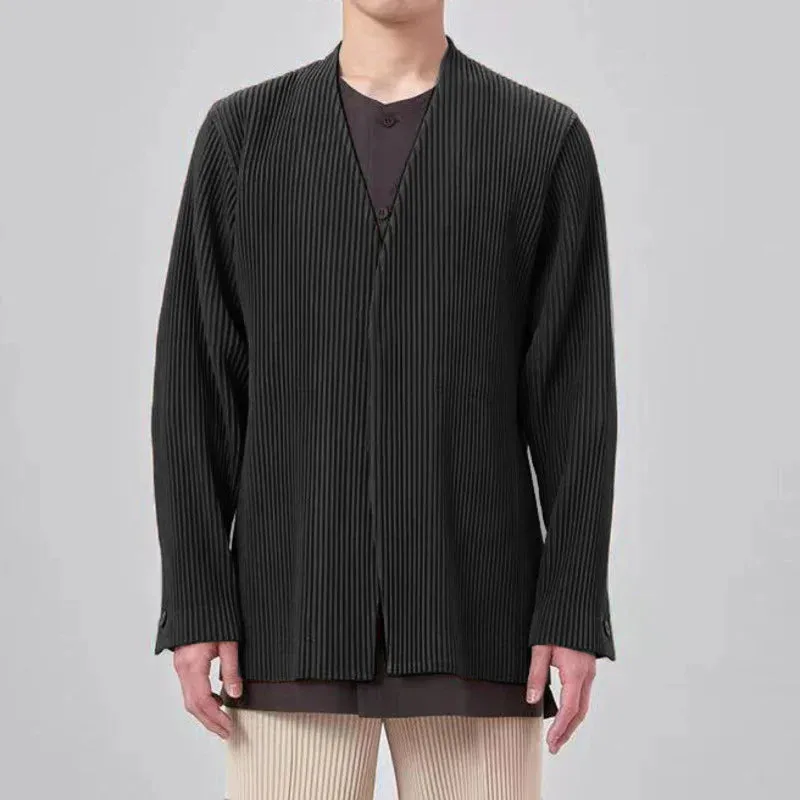 Men Trendy Pleated Jacket Long Sleeve High-end V-neck Coat Summer Split Cuff Design Business Male Streetwear Top 9D1407