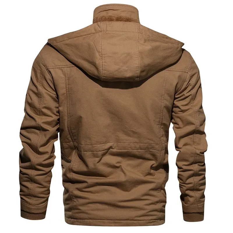 Men Zip Up Multi-Pocket Drawstring Thermal Military Winter Hooded Coat