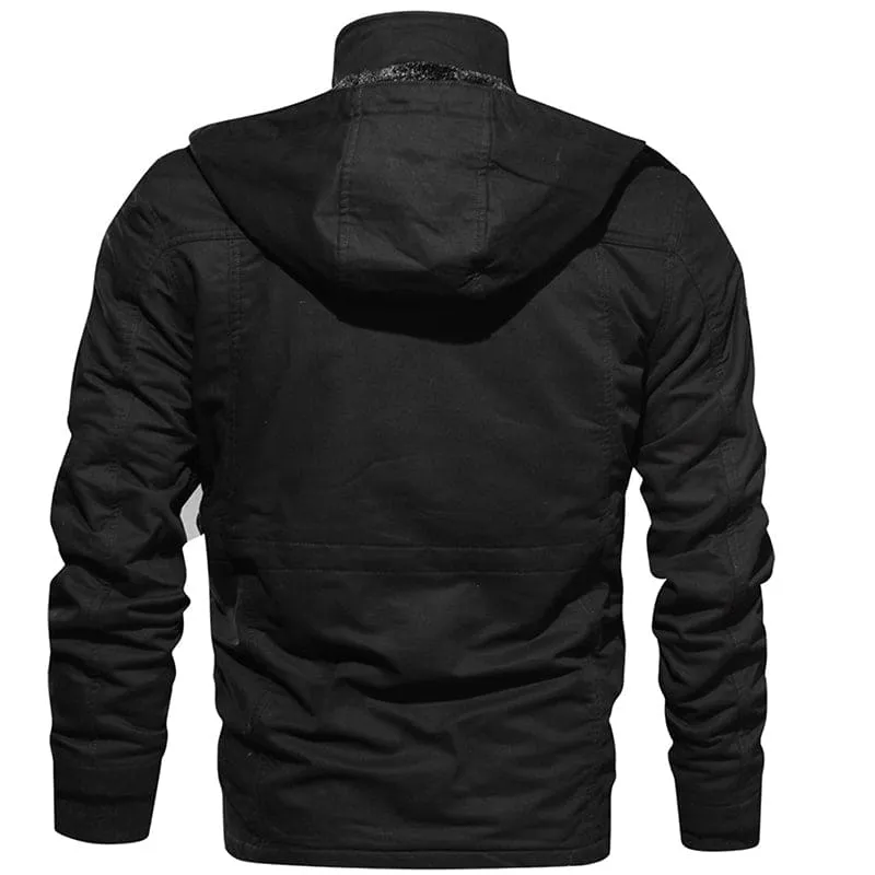 Men Zip Up Multi-Pocket Drawstring Thermal Military Winter Hooded Coat