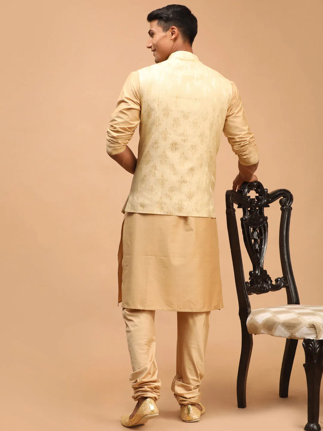 Men's Gold And Rose Gold Viscose Jacket, Kurta And Pyjama Set - Shrestha By Vastramay