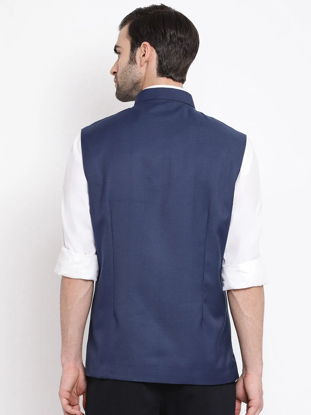 Men's Navy Blue Cotton Blend Twill Nehru Jacket - Vastramay