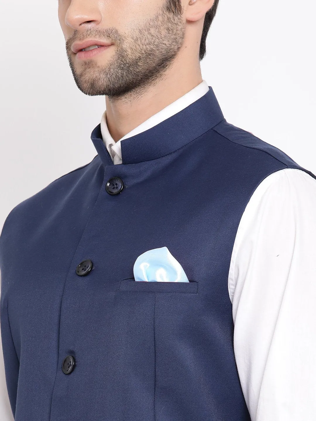 Men's Navy Blue Cotton Blend Twill Nehru Jacket - Vastramay