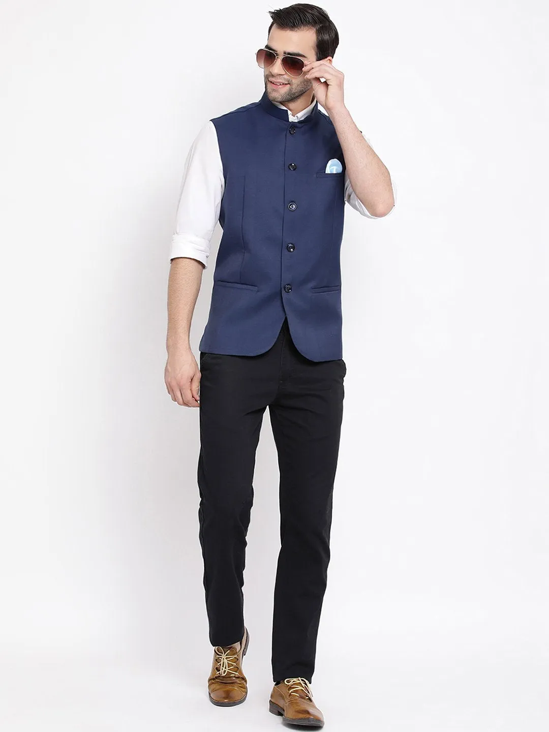 Men's Navy Blue Cotton Blend Twill Nehru Jacket - Vastramay