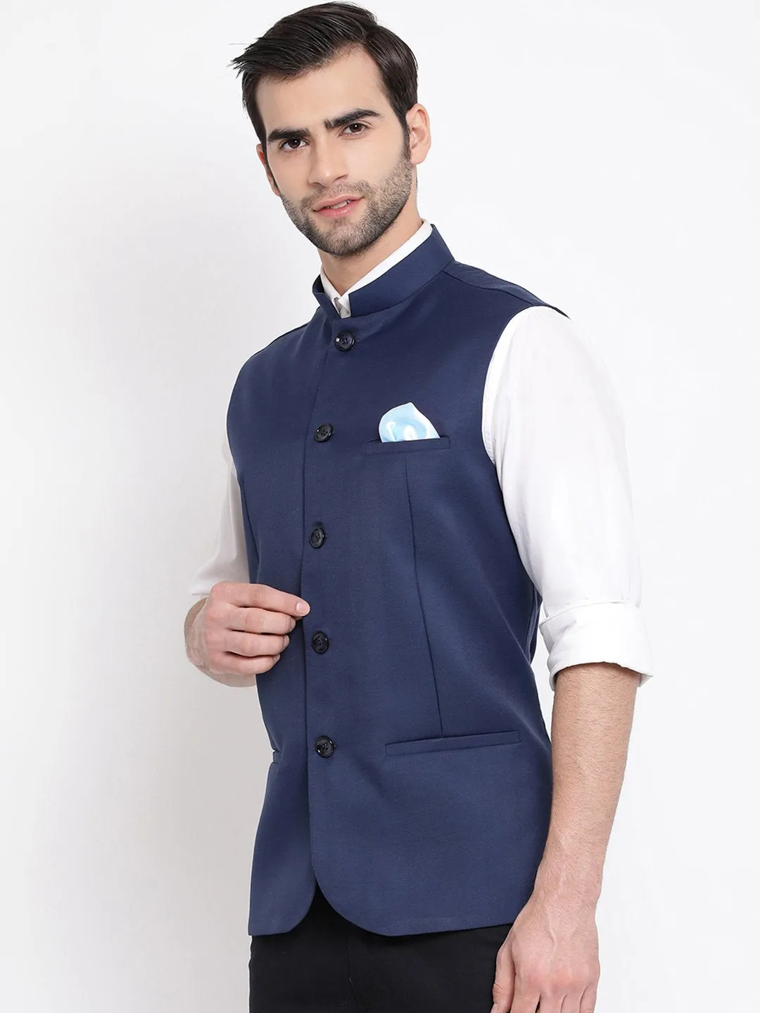 Men's Navy Blue Cotton Blend Twill Nehru Jacket - Vastramay