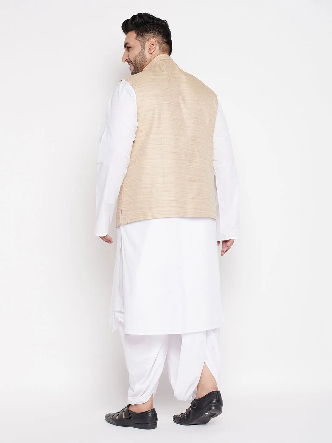 Men's Plus Beige And White Cotton Blend Jacket, Kurta And Dhoti Set - Vastramay