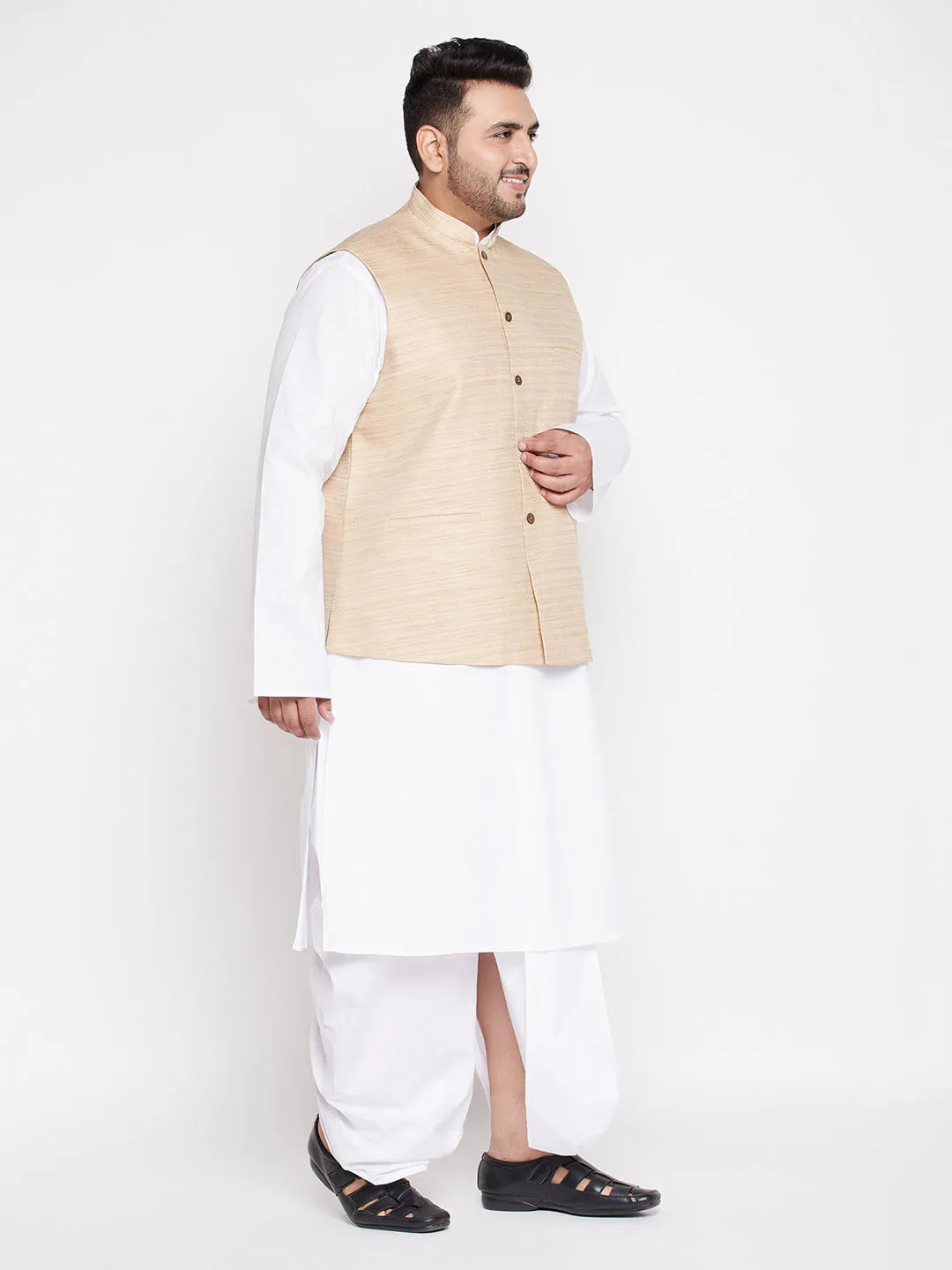 Men's Plus Beige And White Cotton Blend Jacket, Kurta And Dhoti Set - Vastramay