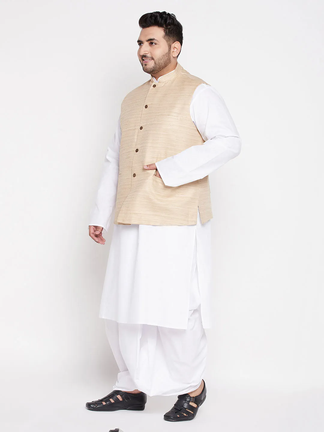 Men's Plus Beige And White Cotton Blend Jacket, Kurta And Dhoti Set - Vastramay