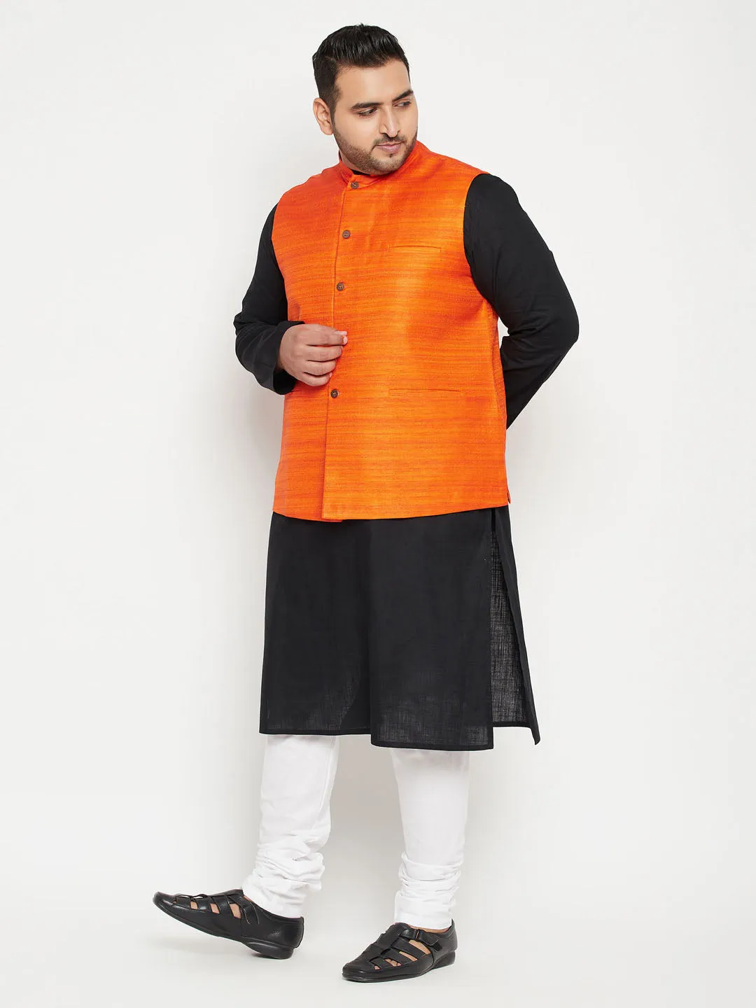 Men's Plus Black, Orange And White Cotton Blend Jacket Kurta Pyjama Set - Vastramay