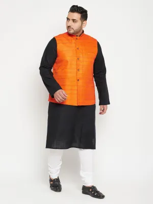 Men's Plus Black, Orange And White Cotton Blend Jacket Kurta Pyjama Set - Vastramay