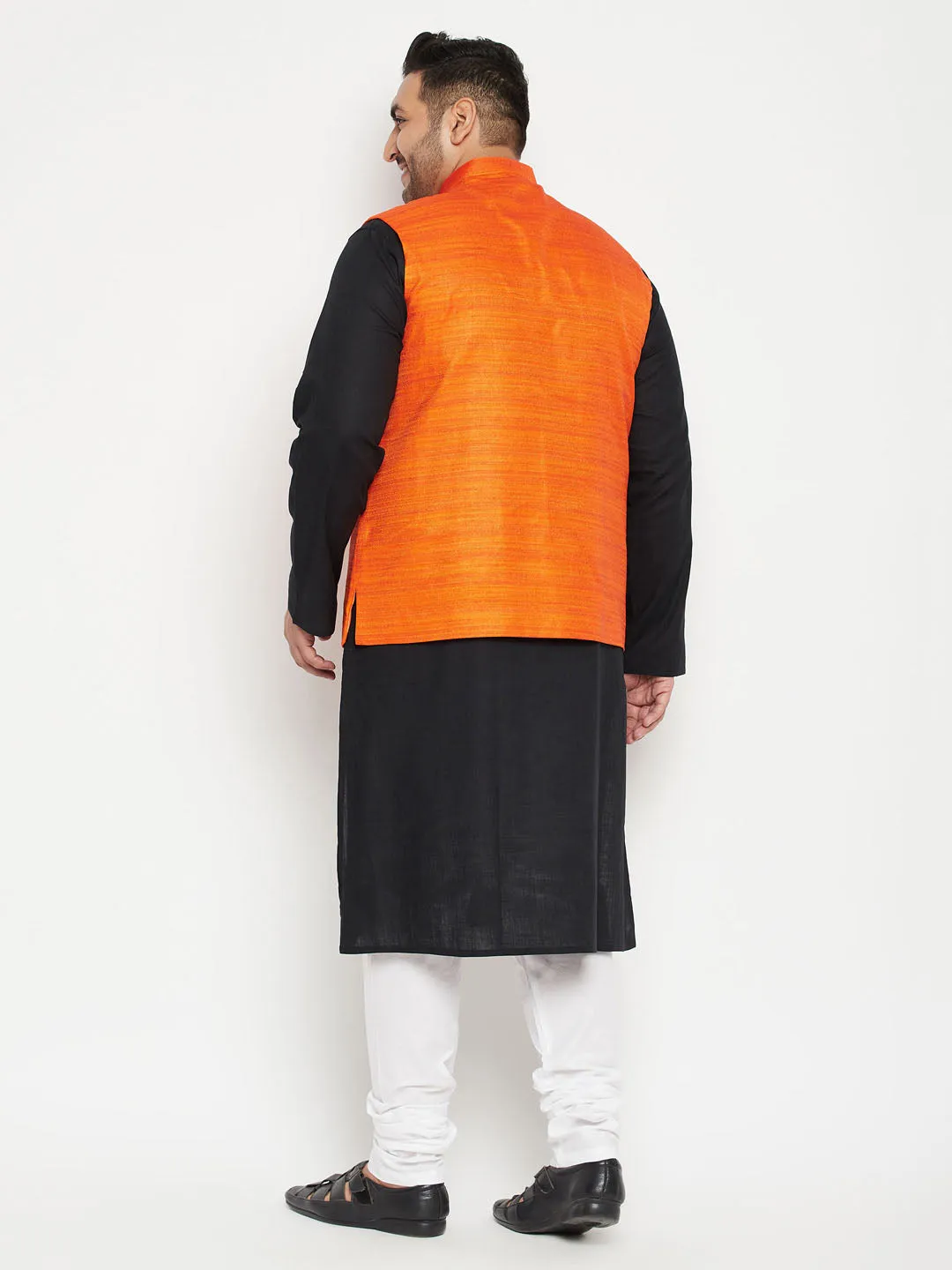 Men's Plus Black, Orange And White Cotton Blend Jacket Kurta Pyjama Set - Vastramay