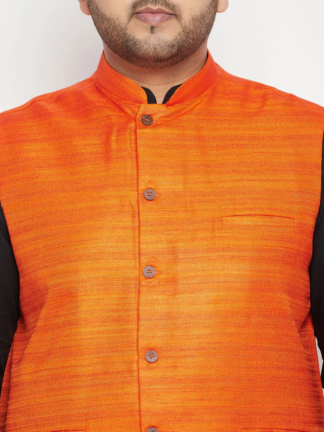 Men's Plus Black, Orange And White Cotton Blend Jacket Kurta Pyjama Set - Vastramay