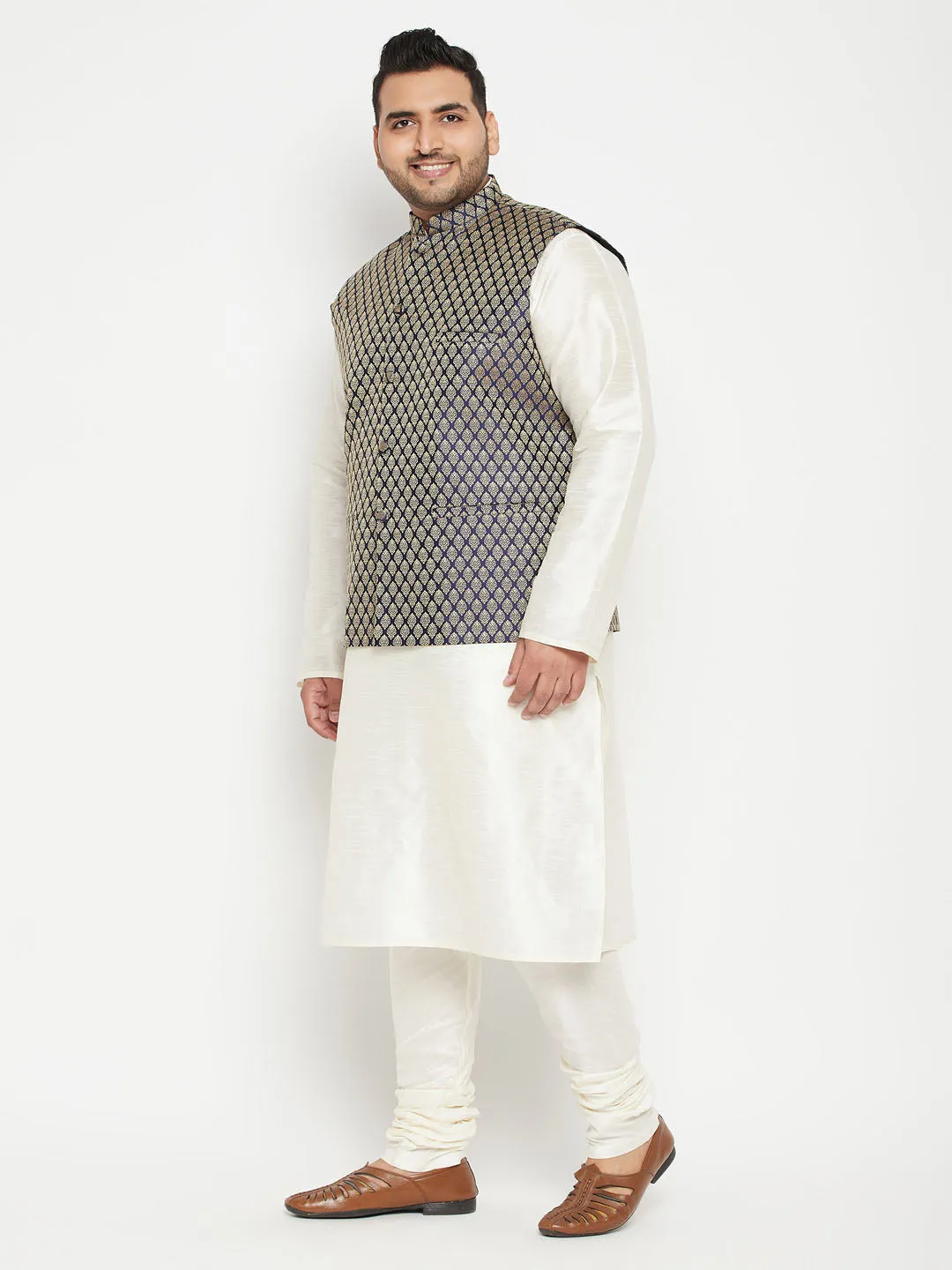 Men's Plus Cream, Blue And White Silk Blend Jacket Kurta Pyjama Set - Vastramay