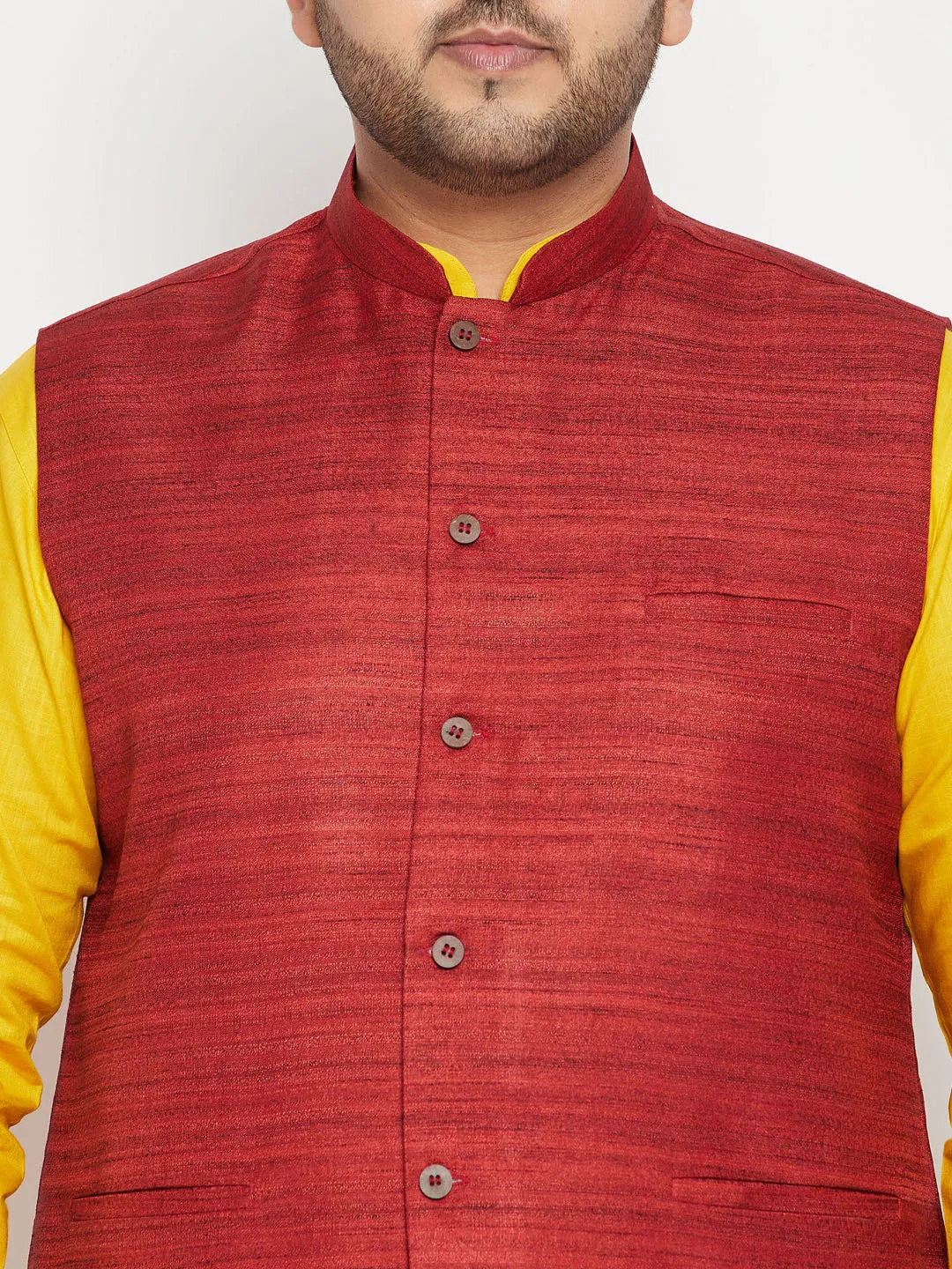 Men's Plus Mustard, Maroon And White Cotton Blend Jacket Kurta Pyjama Set - Vastramay