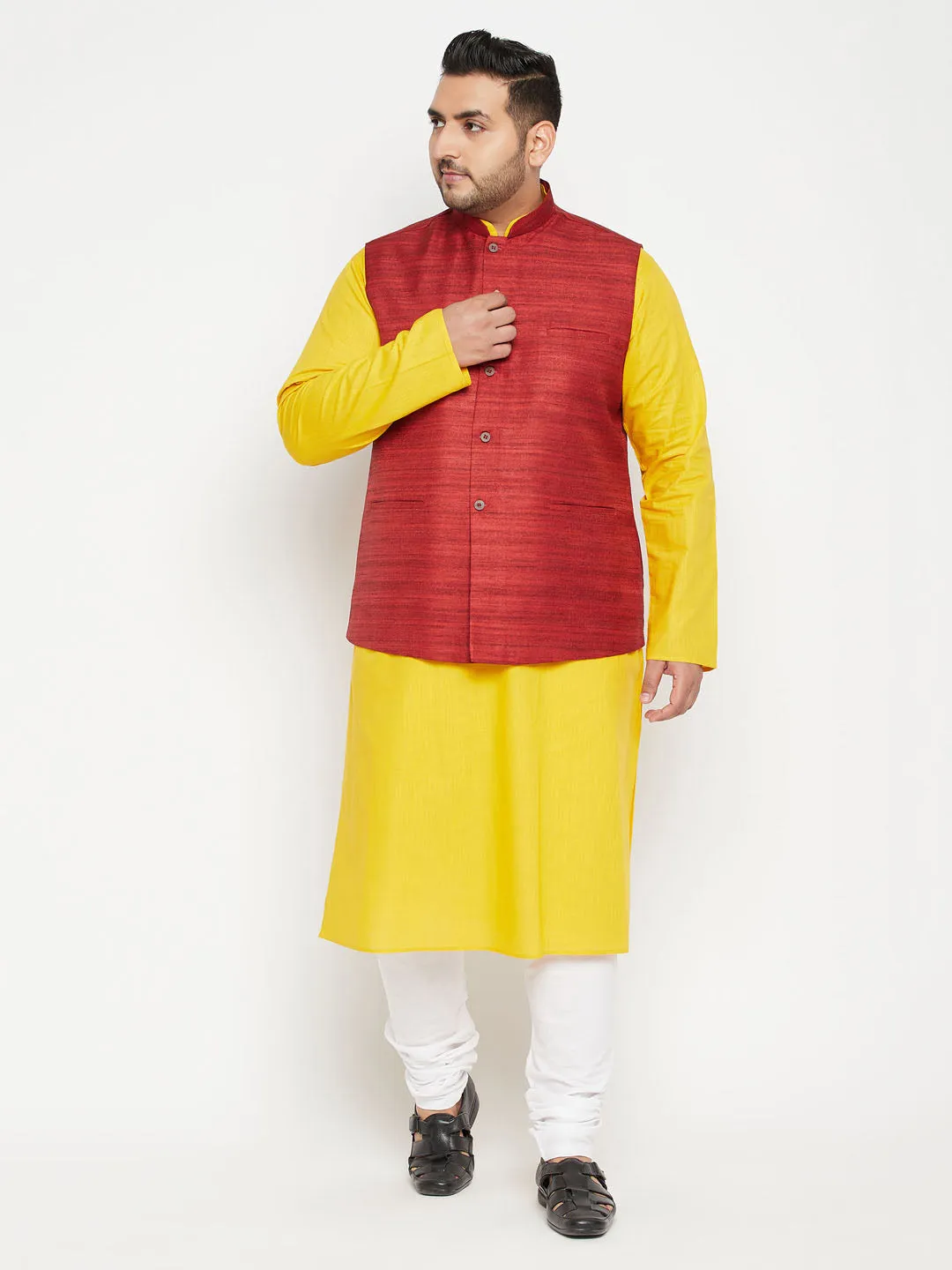 Men's Plus Mustard, Maroon And White Cotton Blend Jacket Kurta Pyjama Set - Vastramay