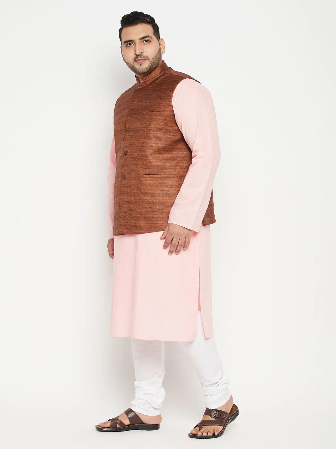 Men's Plus Pink, Coffee Brown And White Cotton Blend Jacket Kurta Pyjama Set - Vastramay