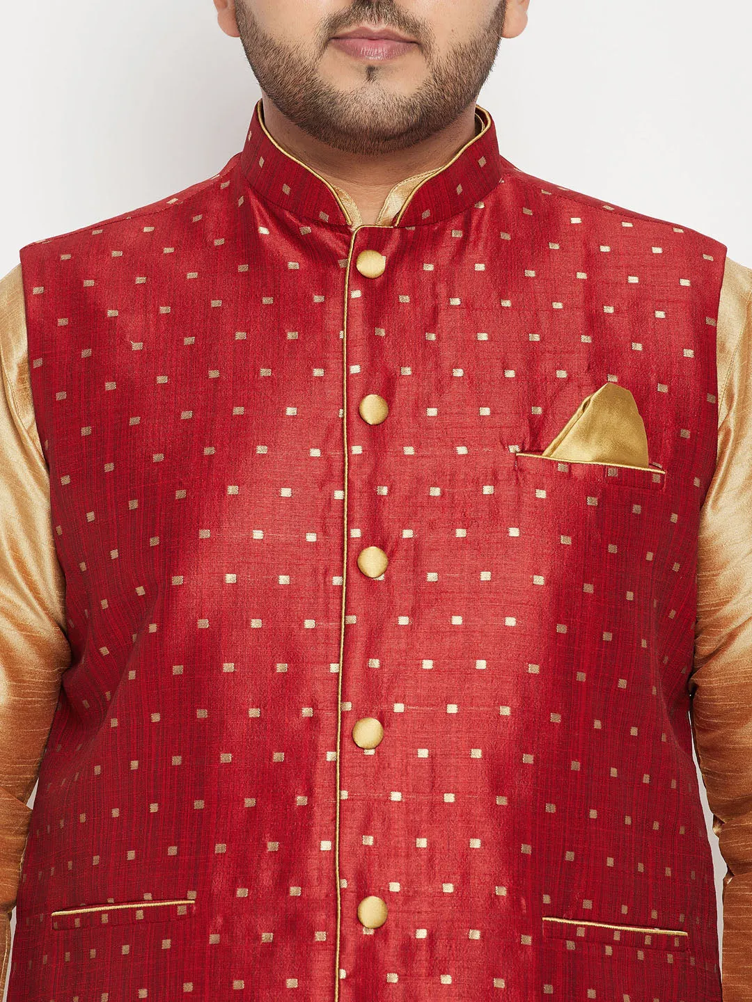 Men's Plus Rose Gold, Maroon And White Silk Blend Jacket Kurta Pyjama Set - Vastramay