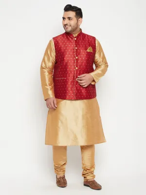 Men's Plus Rose Gold, Maroon And White Silk Blend Jacket Kurta Pyjama Set - Vastramay