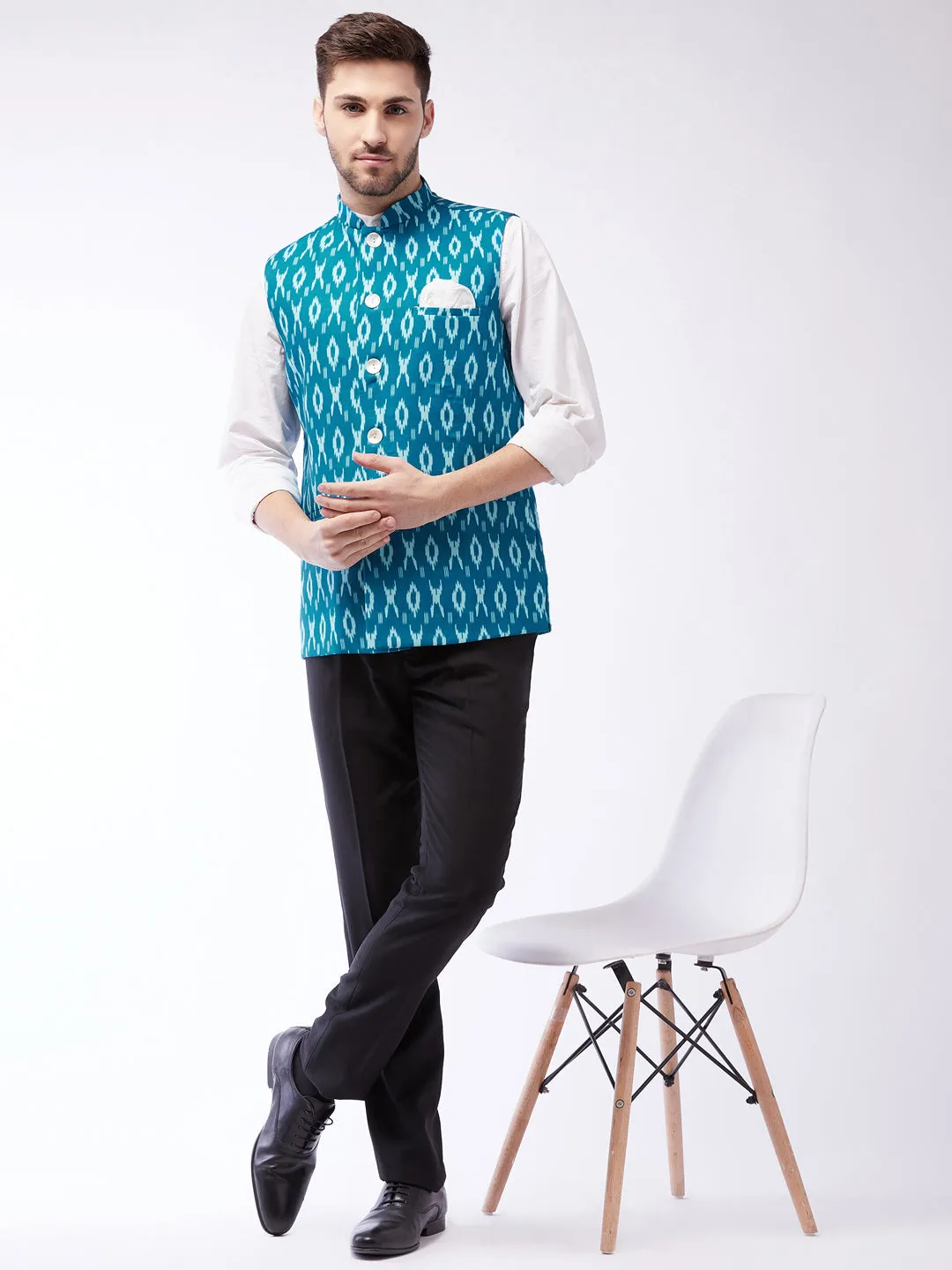 Men's Turquoise Cotton Nehru Jacket - Vastramay