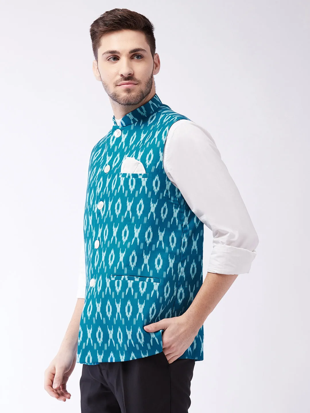 Men's Turquoise Cotton Nehru Jacket - Vastramay