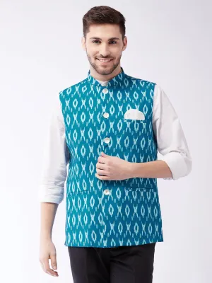 Men's Turquoise Cotton Nehru Jacket - Vastramay