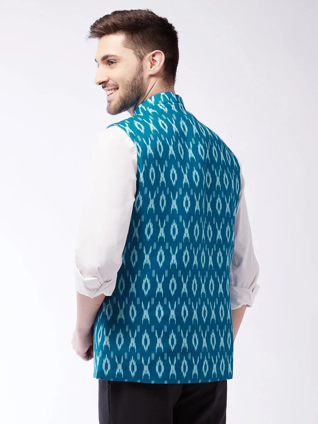 Men's Turquoise Cotton Nehru Jacket - Vastramay