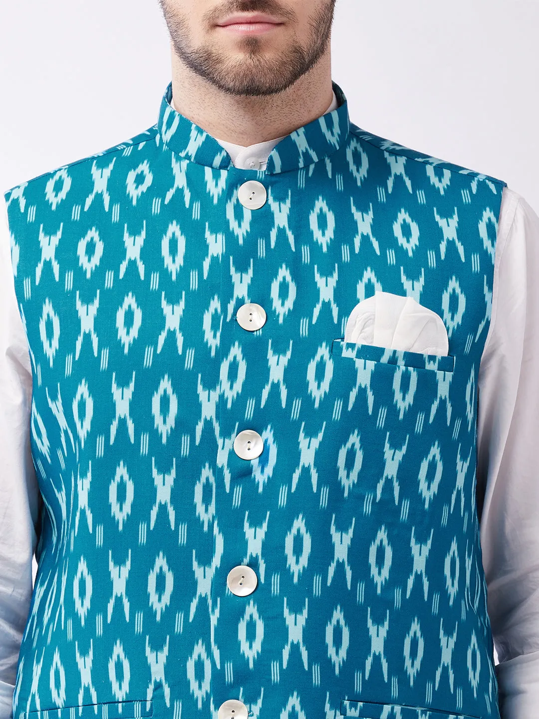 Men's Turquoise Cotton Nehru Jacket - Vastramay