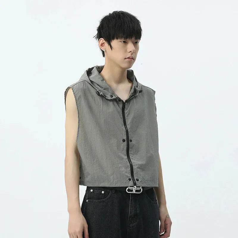 Men's Vest Coat Fashion Hooded Zipper Sleeveless Workwear Casual Summer Male Waistcoat Solid Color Loose 9C5328