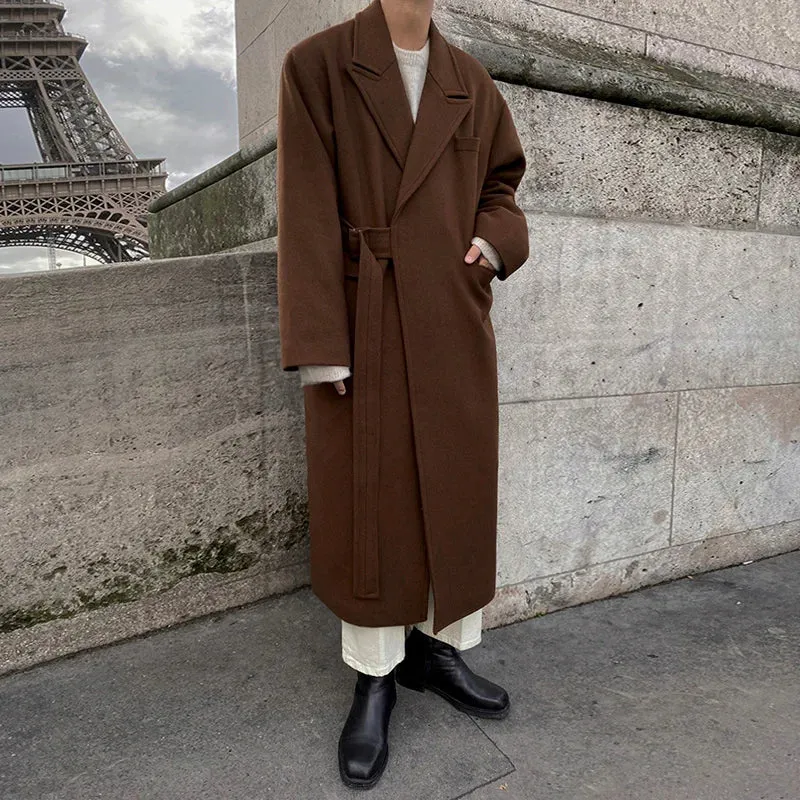 Men's Woolen And Mixtures Coat Autumn Winter Mid Long Thickened Korean Trend Loose Overcoat Male Bandage Waist