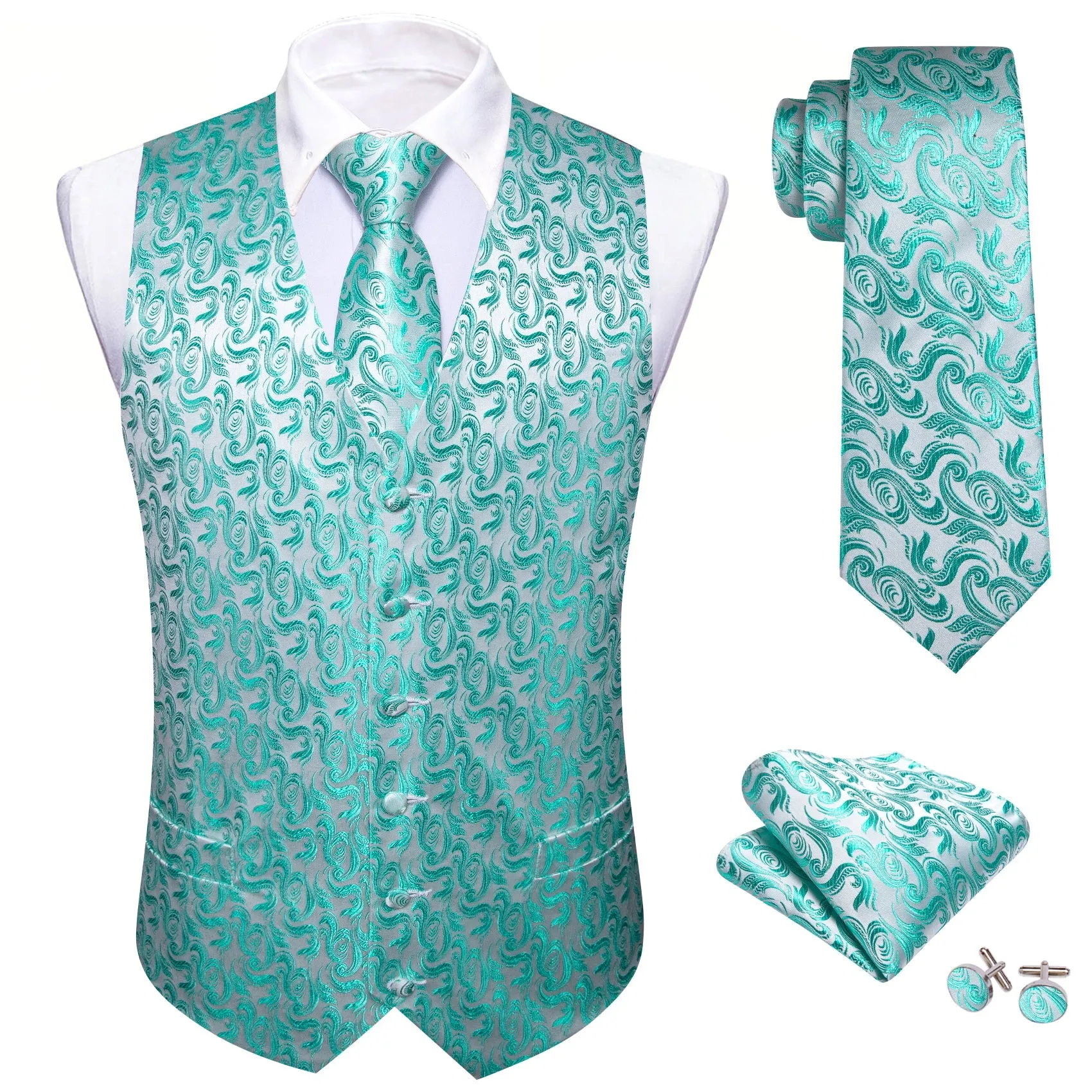 Mint Blue Formal Floral Jacquard  Men's Vest Tie Hanky Cufflinks Silk Set