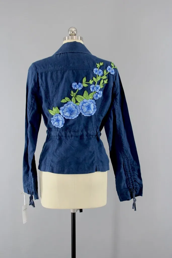 Navy Blue Linen Jacket with Blue Floral Embroidery