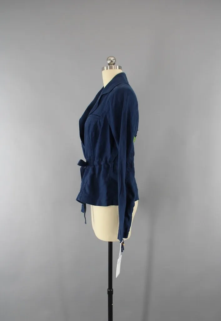 Navy Blue Linen Jacket with Blue Floral Embroidery