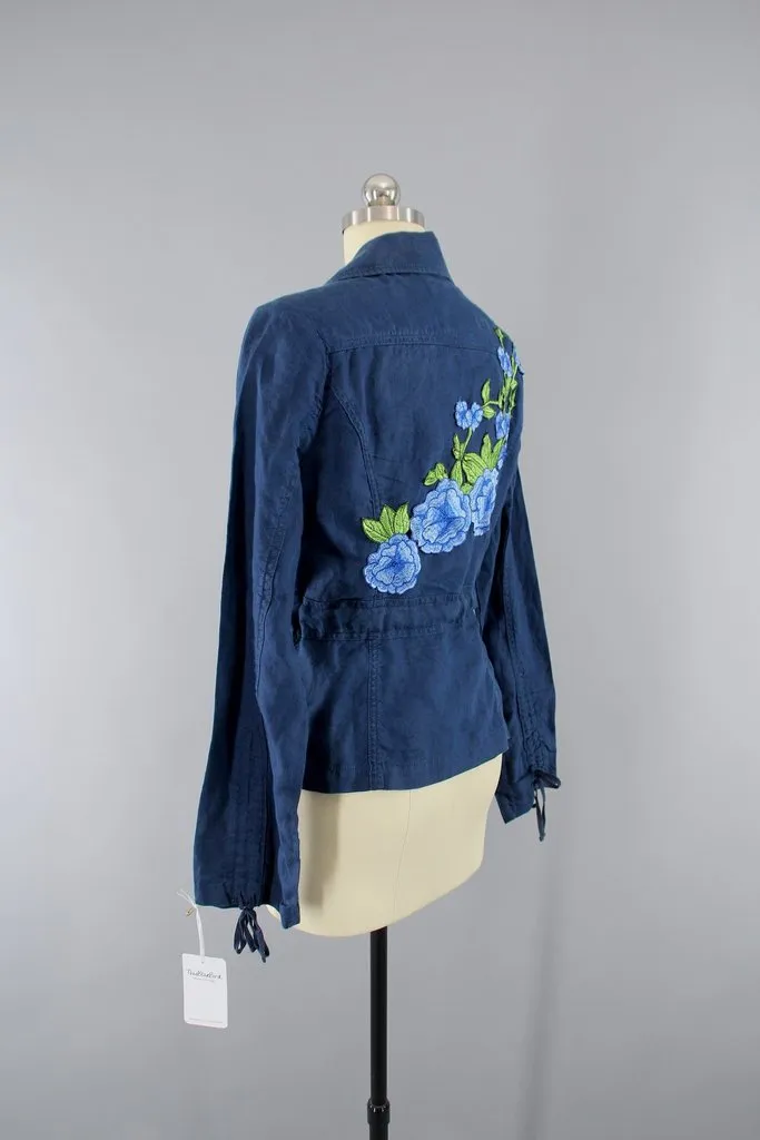 Navy Blue Linen Jacket with Blue Floral Embroidery