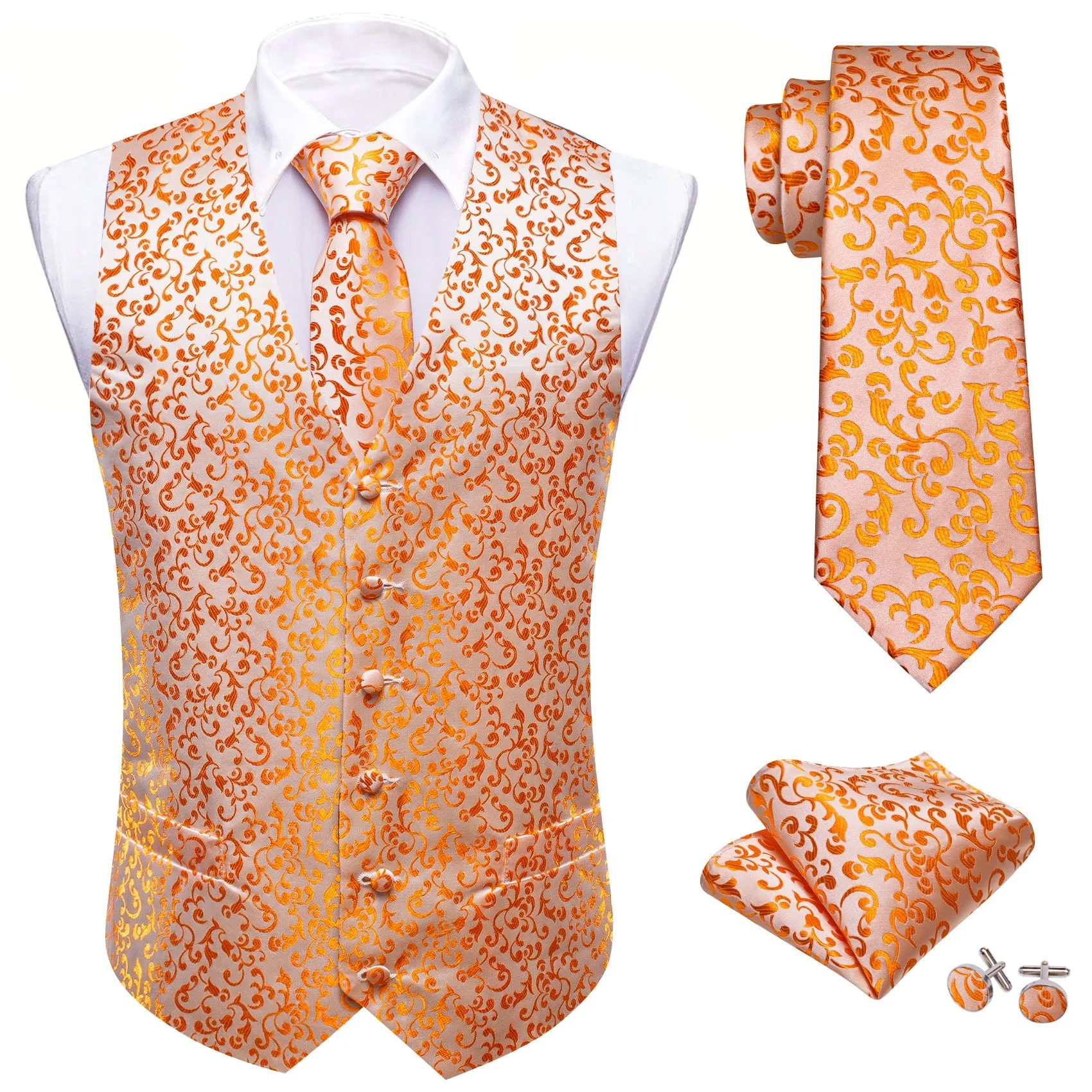 Orange Floral Silk Luxury Men's Vest Hanky Cufflinks Tie Set