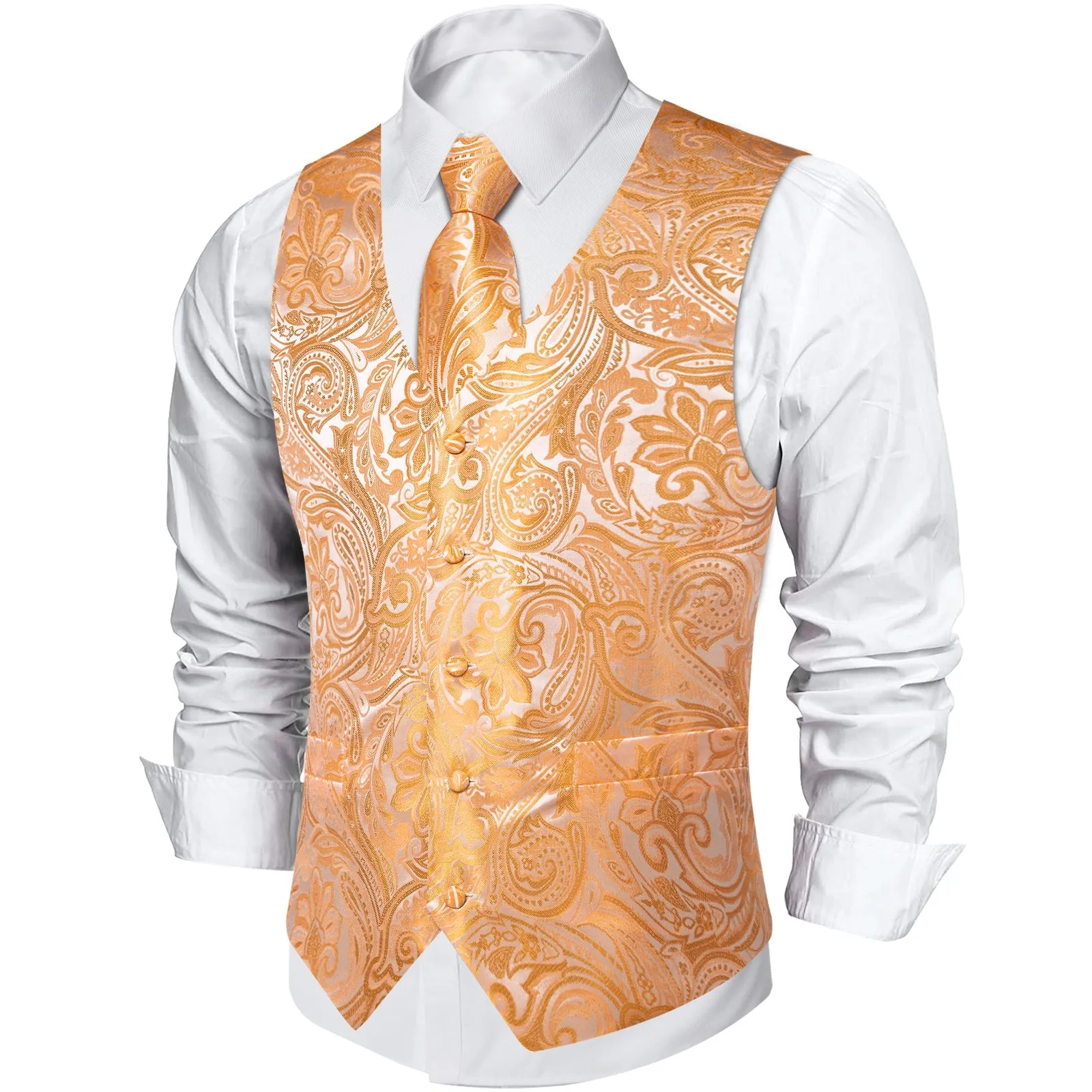 Orange Paisley Flower Silk Men's Vest Hanky Cufflinks Tie Set