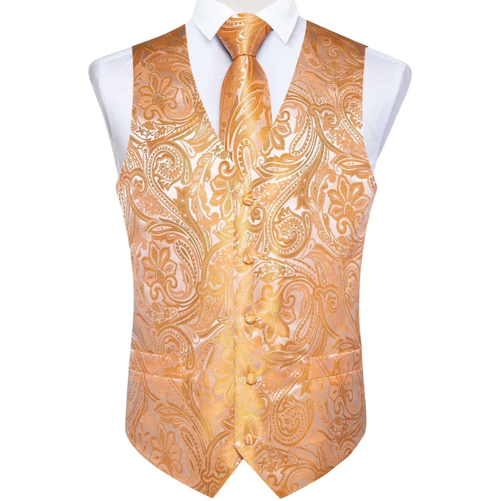 Orange Paisley Flower Silk Men's Vest Hanky Cufflinks Tie Set