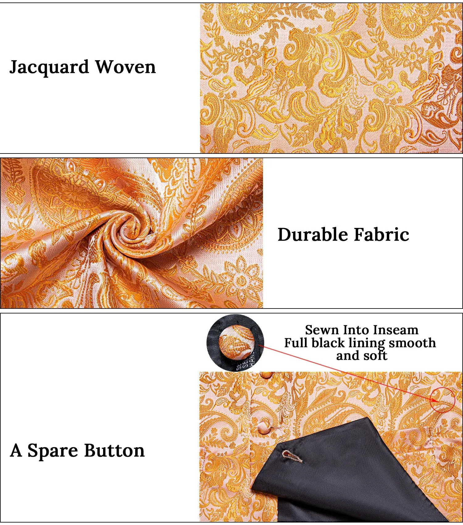 Orange Paisley Silk Men's Vest Hanky Cufflinks Tie Set