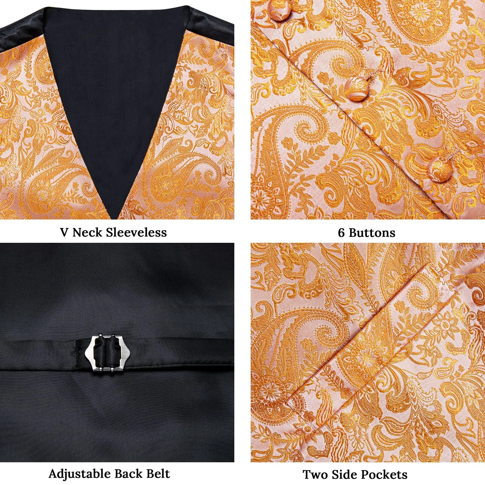 Orange Paisley Silk Men's Vest Hanky Cufflinks Tie Set