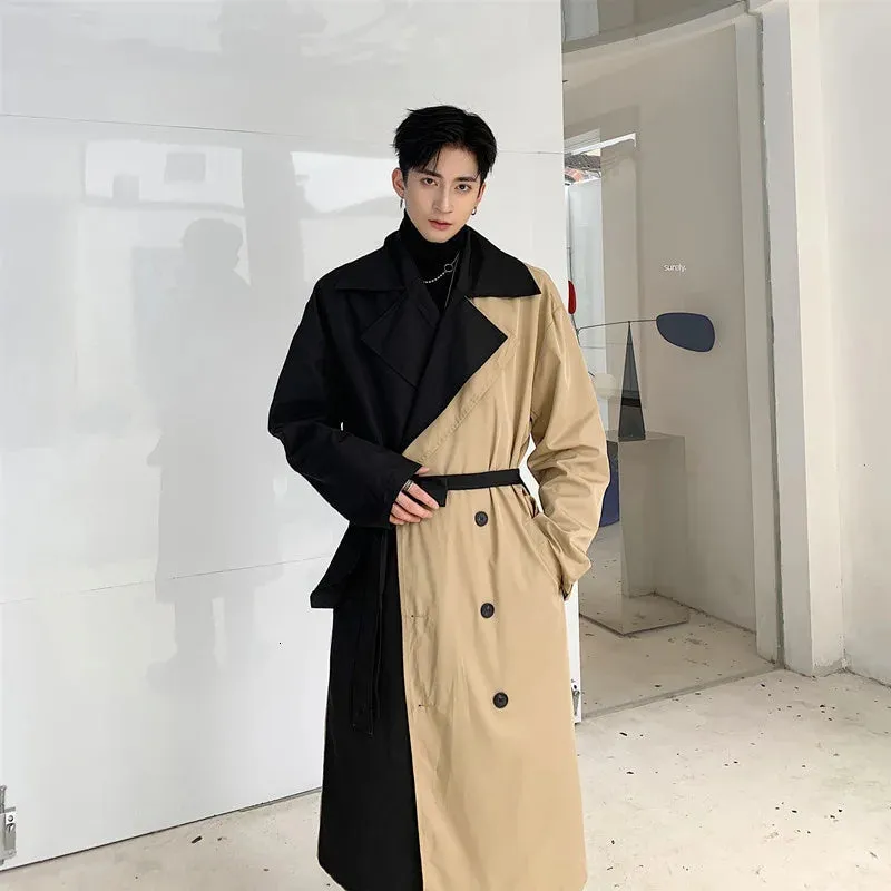 Oversize Long Coat Male Trench Men's Clothing Design Windbreaker With Belt Personality Hit Color Patchwork Loose Coat 9Y189