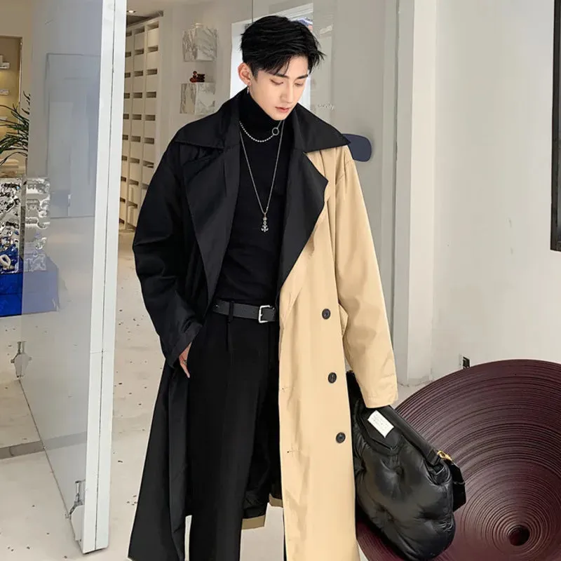 Oversize Long Coat Male Trench Men's Clothing Design Windbreaker With Belt Personality Hit Color Patchwork Loose Coat 9Y189