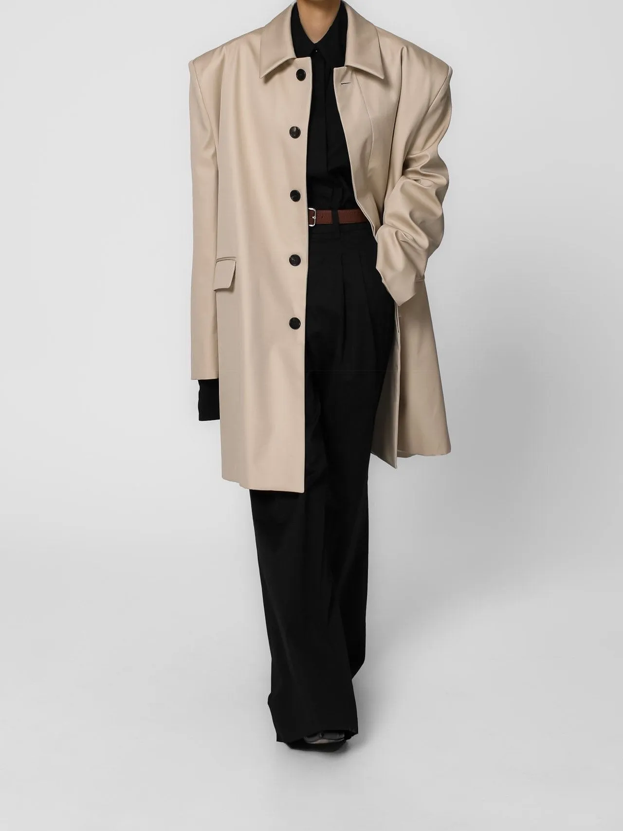 PADDED SHOULDER OVERSIZED GABERDINE COTTON COAT