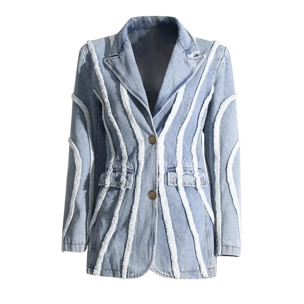 Patchwork Pockets Denim Blazer For Women Notched Collar Long Sleeve Spliced Single Breasted Blazer Female Fashion