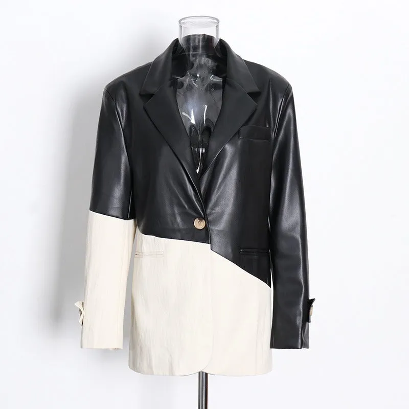 Patchwork PU Leather Women's Blazer Coat Lapel Collar Long Sleeve Loose Hit Color For Female Casual Coats