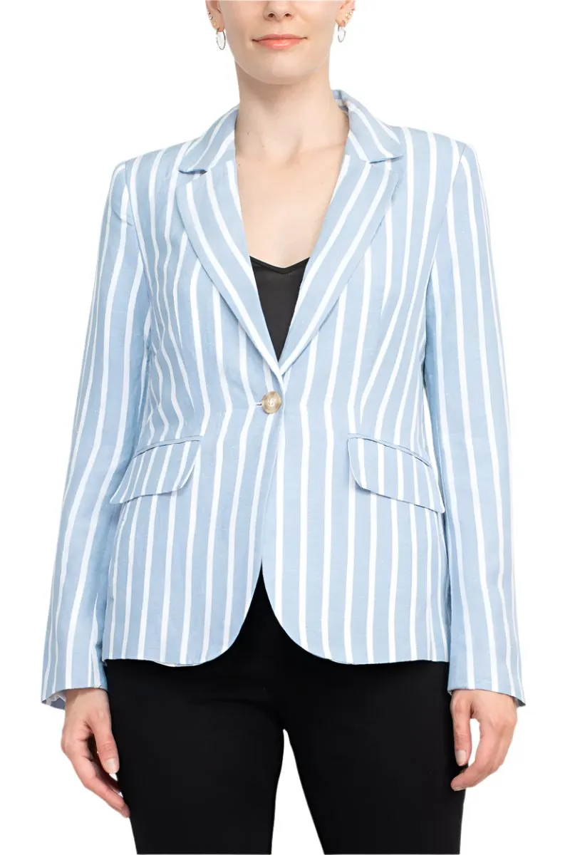 Philosophy Notched Collar Long Sleeve One Button Closure Stripe Pattern Linen Jacket