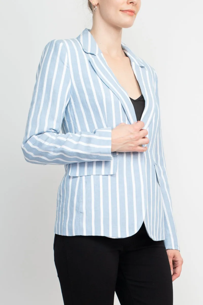 Philosophy Notched Collar Long Sleeve One Button Closure Stripe Pattern Linen Jacket